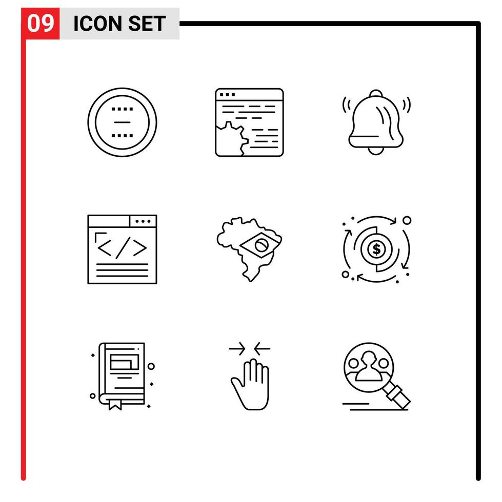 Packung mit 9 modernen Umrissen, Zeichen und Symbolen für Web-Printmedien wie Webentwicklung, Webinhalte, Einstellung, Codierung, Benachrichtigung, editierbare Vektordesign-Elemente vektor