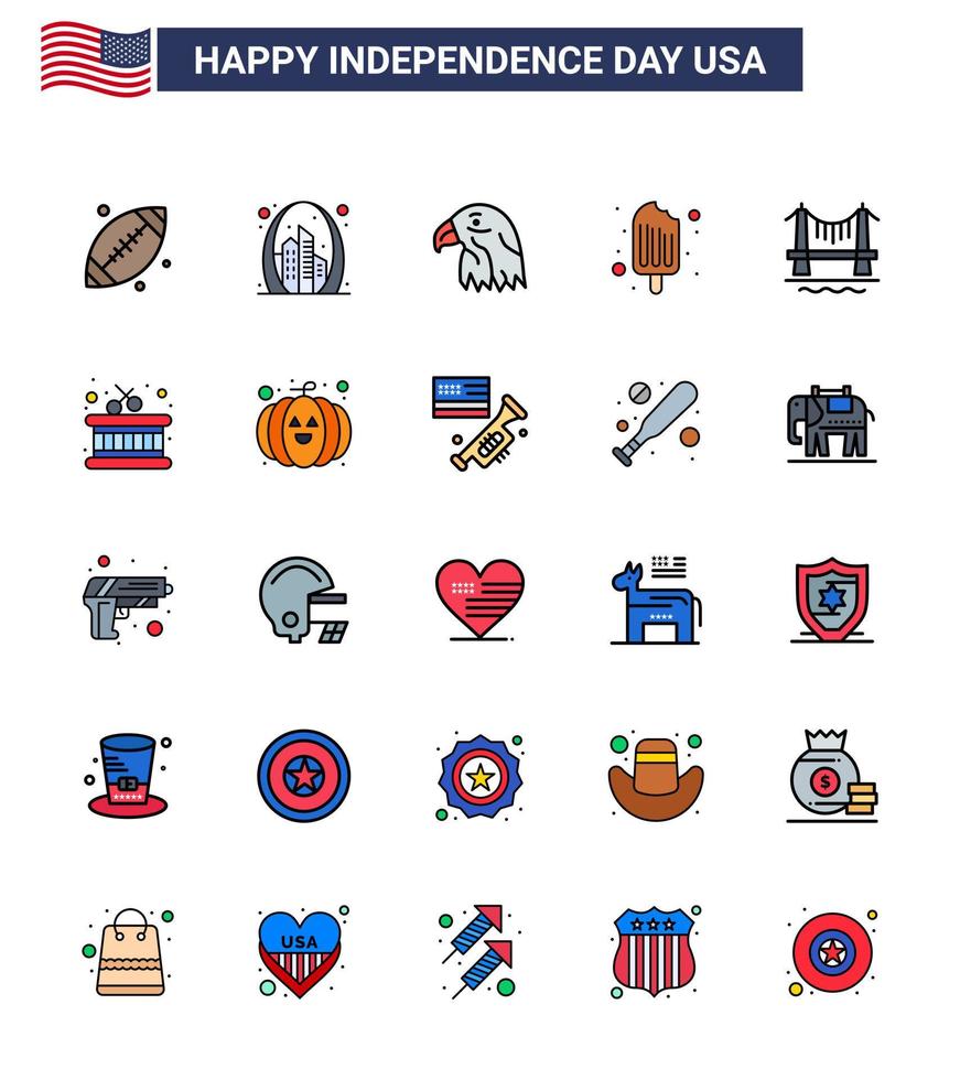 25 USA platt fylld linje tecken oberoende dag firande symboler av bro mat USA grädde USA redigerbar USA dag vektor design element