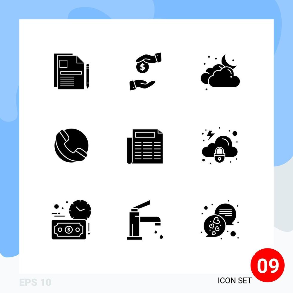 9 universell fast glyfer uppsättning för webb och mobil tillämpningar papper affär korrupt telefon väder redigerbar vektor design element