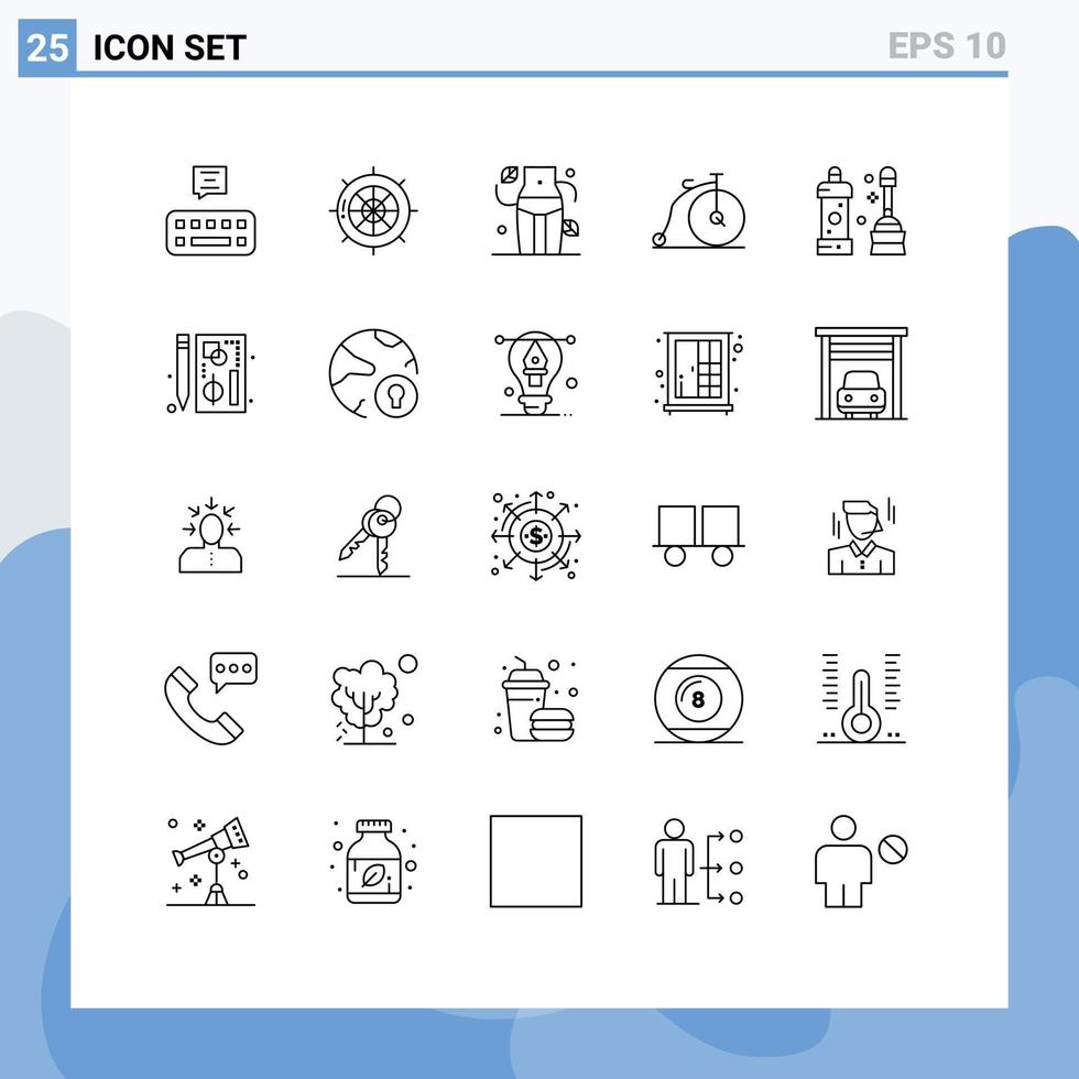 25 universell rader uppsättning för webb och mobil tillämpningar rengöringsmedel fordon diet transport cykel redigerbar vektor design element
