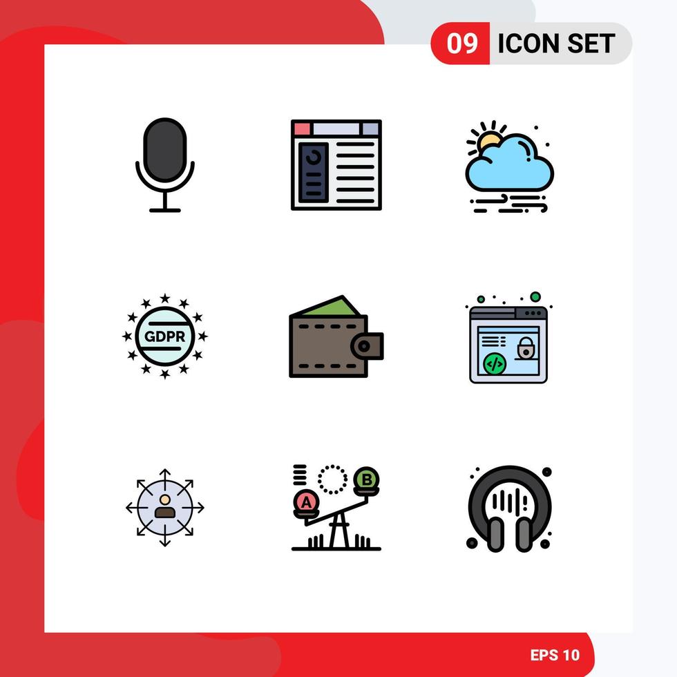 grupp av 9 fylld linje platt färger tecken och symboler för plånbok mode Sol Tillbehör Integritet redigerbar vektor design element