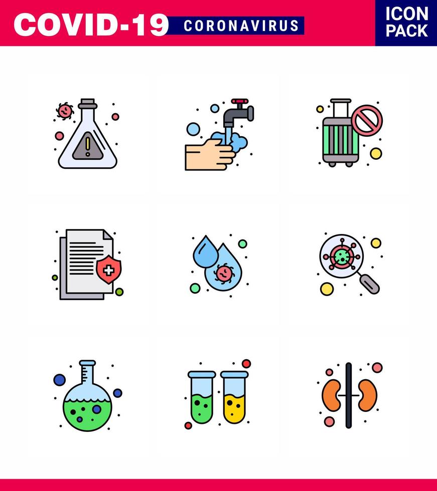 Corona-Virus-Krankheit 9 gefüllte Linie flache Farbe Icon Pack saugen als Blut medizinisches Verbot Versicherung Gesundheit virales Coronavirus 2019nov Krankheitsvektor-Designelemente vektor