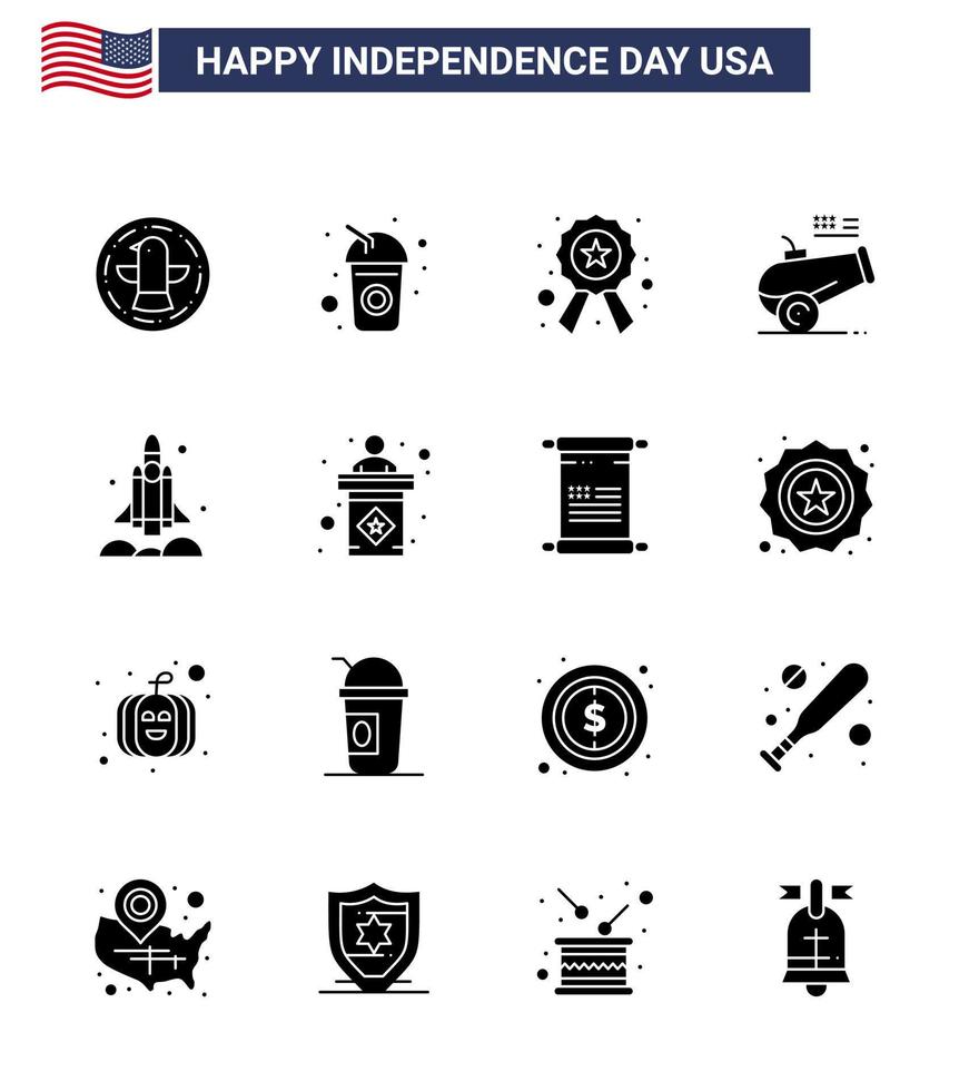 Lycklig oberoende dag packa av 16 fast glyfer tecken och symboler för raket murbruk bricka haubits stor pistol redigerbar USA dag vektor design element