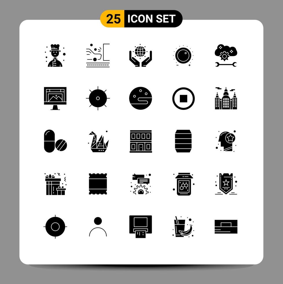 Satz von 25 Vektor-Solid-Glyphen im Raster für Cloud-Anwendung Service Level Green Gain Audio editierbare Vektordesign-Elemente vektor
