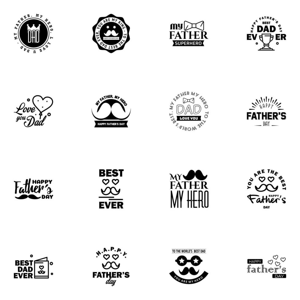 16 svart uppsättning av vektor Lycklig fäder dag typografi årgång ikoner text för hälsning kort banderoller tshirt design fäder dag redigerbar vektor design element