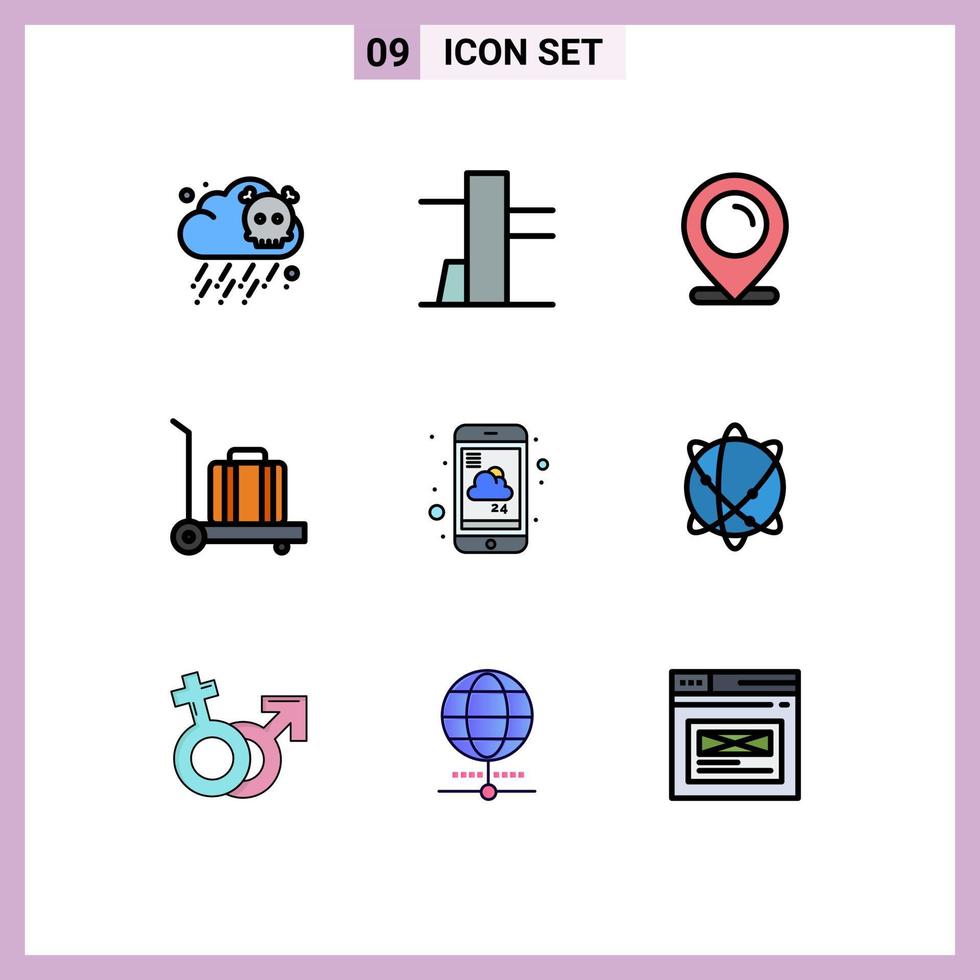Stock Vector Icon Pack mit 9 Zeilenzeichen und Symbolen für Internet-Computing-Gepäckwetterbericht editierbare Vektordesign-Elemente