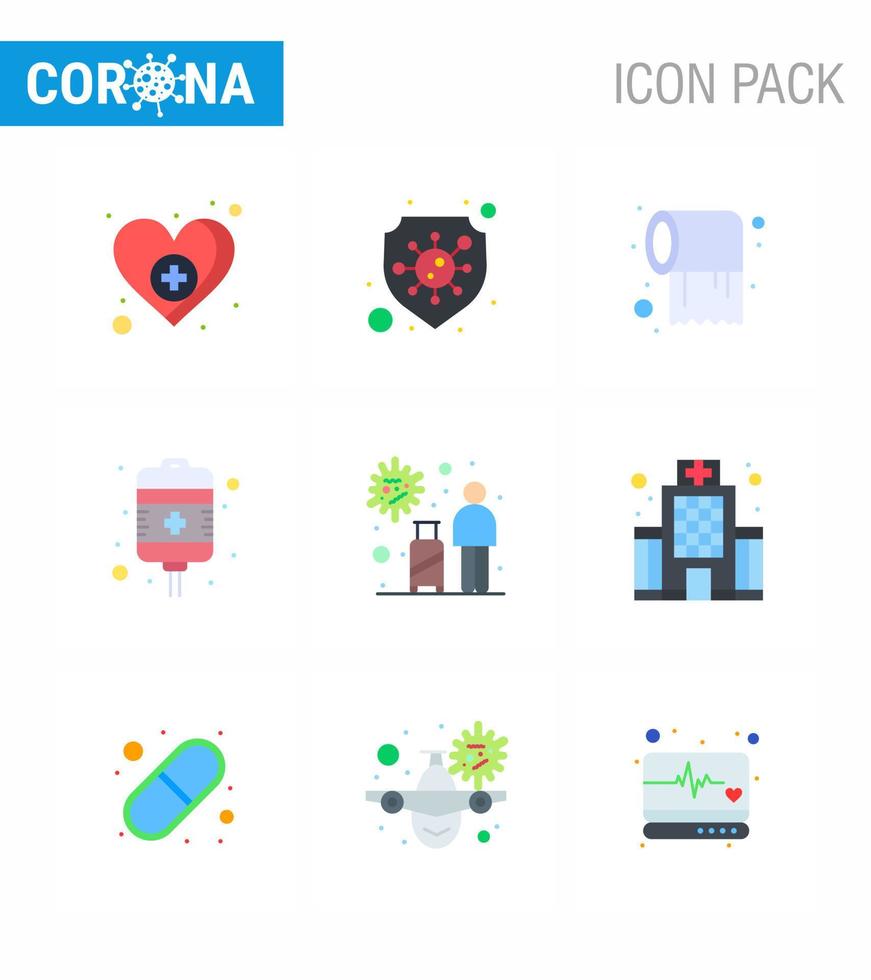 9 Flachfarben-Virenvirus-Corona-Icon-Pack wie touristische Gesundheitspapierbehandlung Tropfviren-Coronavirus 2019nov-Krankheitsvektor-Designelemente vektor