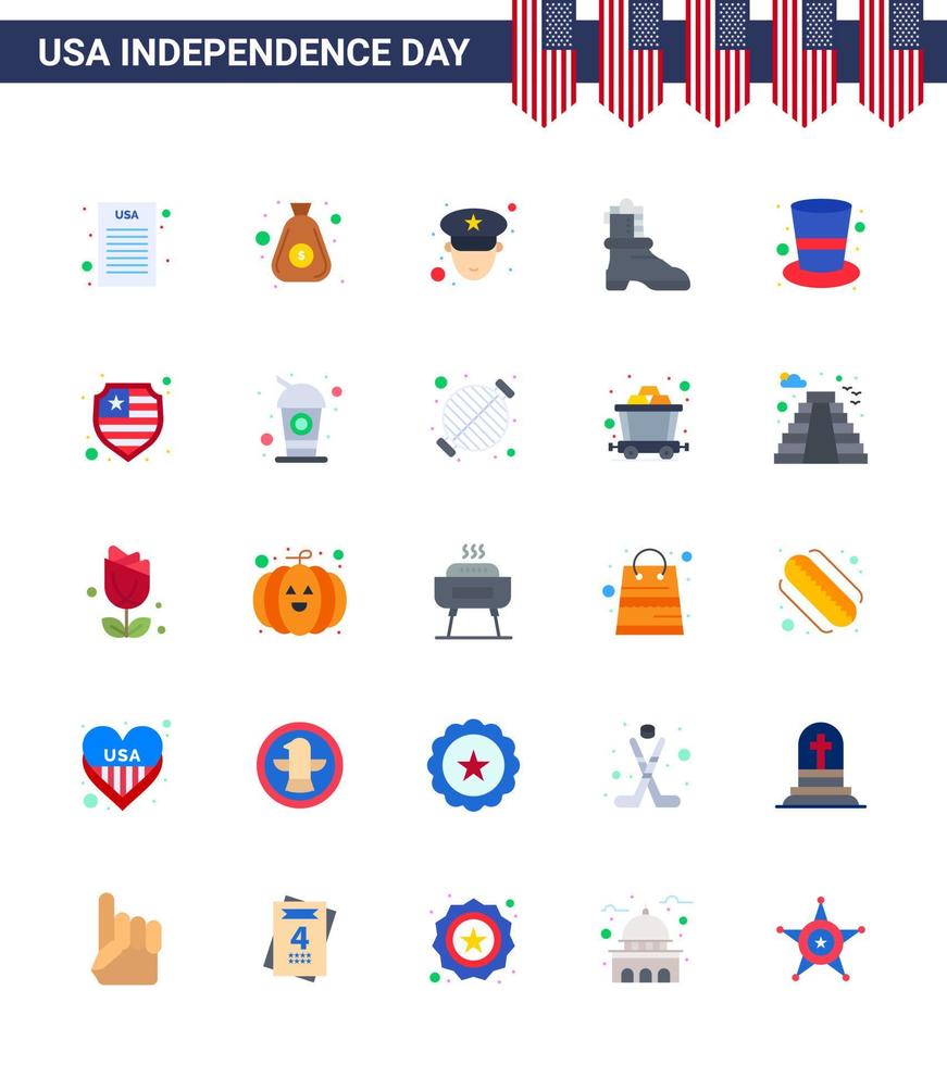 4. juli usa glücklicher unabhängigkeitstag symbol symbole gruppe von 25 modernen wohnungen amerikanischer hut offizier kappe amerikanische editierbare usa tag vektor design elemente