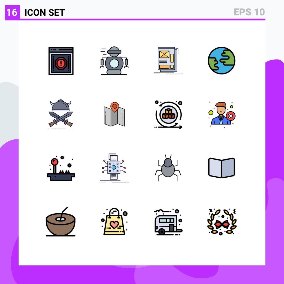 redigerbar vektor linje packa av 16 enkel platt Färg fylld rader av slåss klot robot jord layout redigerbar kreativ vektor design element