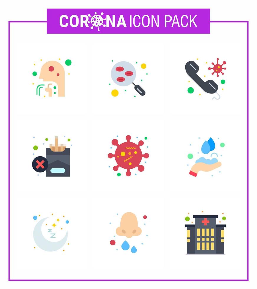 9 flache Farb-Corona-Virus-Pandemie-Vektorillustrationen Rauchen verboten Probe anrufen Arzt Virus-Coronavirus 2019nov-Krankheitsvektor-Designelemente vektor
