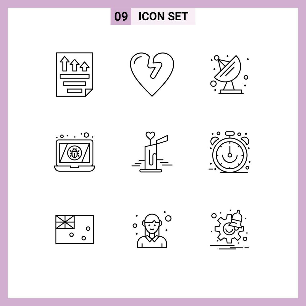 Stock Vector Icon Pack mit 9 Zeilenzeichen und Symbolen für bearbeitbare Vektordesign-Elemente für das Hochzeitskerzenantennenvirusgerät