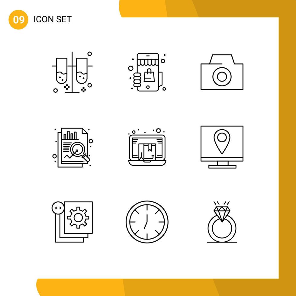 Stock Vector Icon Pack mit 9 Zeilen Zeichen und Symbolen für Laptop e Foto Drop Shipper Data editierbare Vektordesign-Elemente