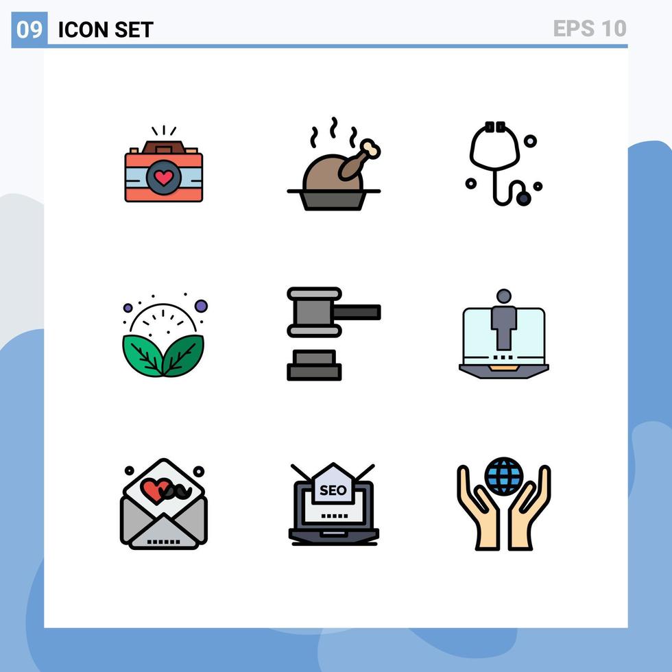 Gruppe von 9 gefüllten flachen Farben Zeichen und Symbolen für Gerechtigkeitsauktionsprüfung Relax-Pflanze editierbare Vektordesign-Elemente vektor