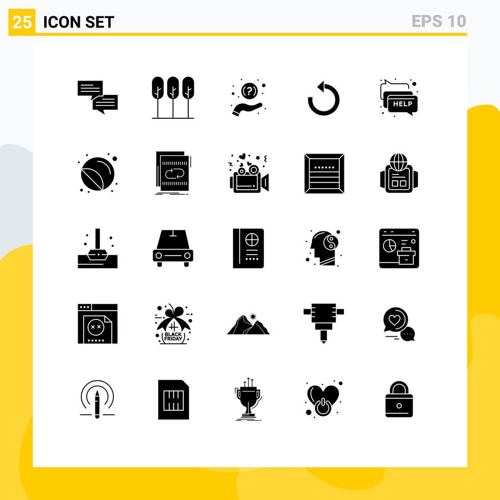 Gruppe von 25 modernen soliden Glyphen, die für den Hilfe-Chat festgelegt wurden, helfen Sie beim Wiederholen des Neuladens editierbarer Vektordesign-Elemente vektor