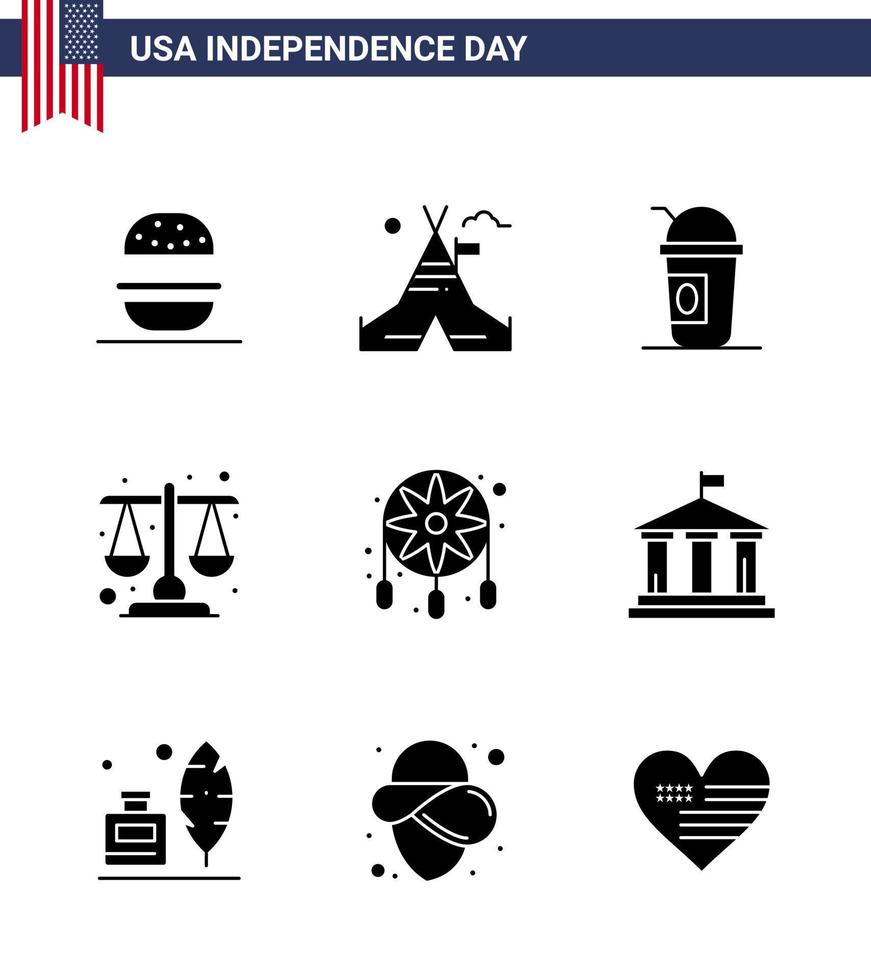 USA oberoende dag fast glyf uppsättning av 9 USA piktogram av dekoration skala Amerika lag domstol redigerbar USA dag vektor design element