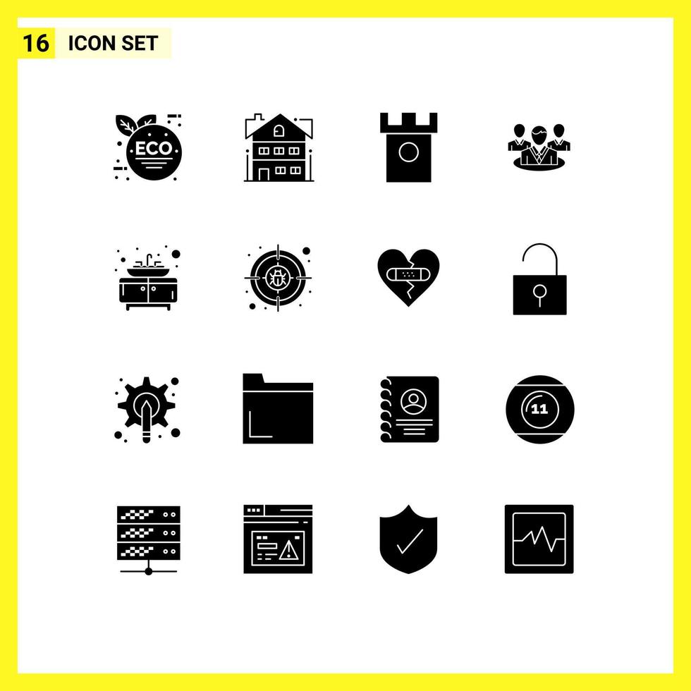 Piktogramm-Set aus 16 einfachen soliden Glyphen von Möbeln, Konversation, Schloss, Klatsch, Gruppe, bearbeitbare Vektordesign-Elemente vektor