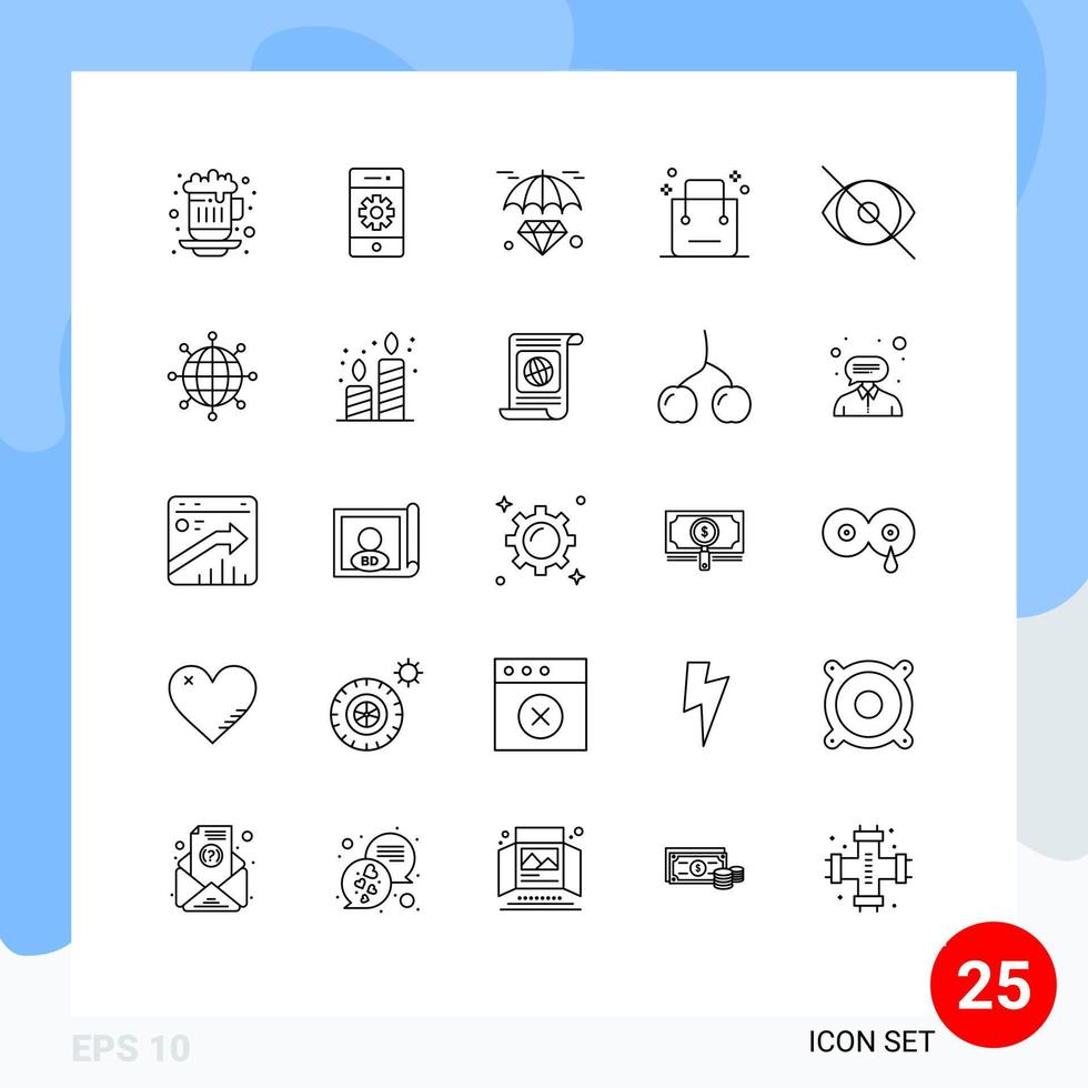 universelle Symbolsymbole Gruppe von 25 modernen Einkaufslinien für den E-Commerce-Smartphone-Warenkorb investieren editierbare Vektordesign-Elemente vektor