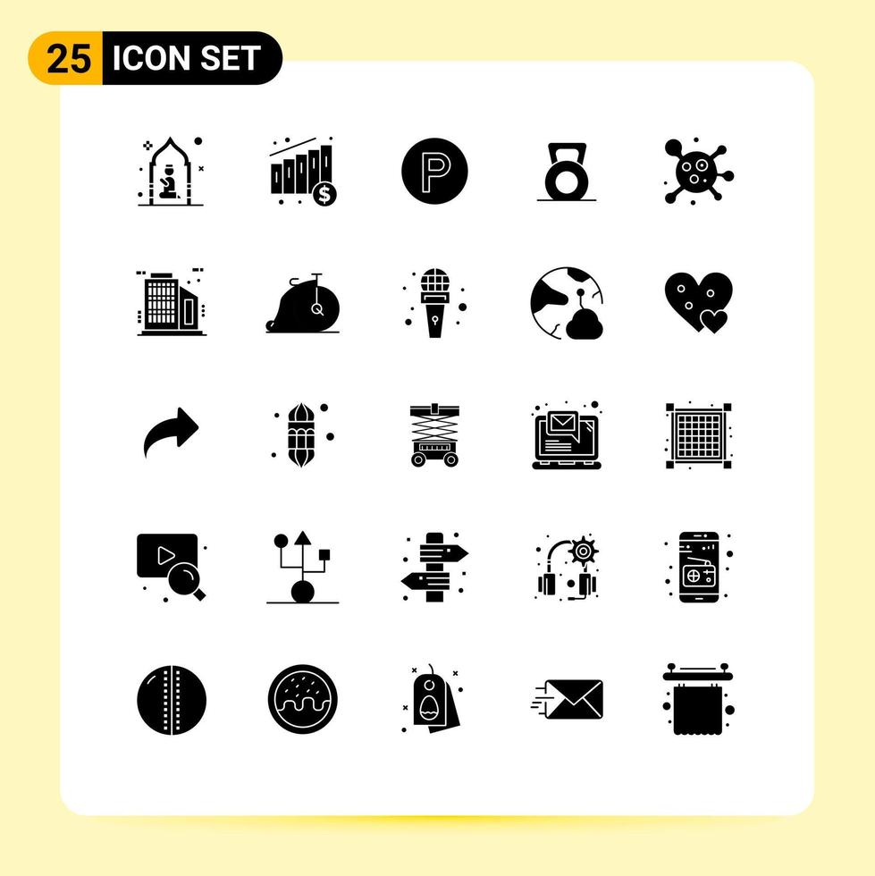 Piktogrammsatz von 25 einfachen soliden Glyphen der Wissenschaft Atom Transport Lift Fitness editierbare Vektordesign-Elemente vektor