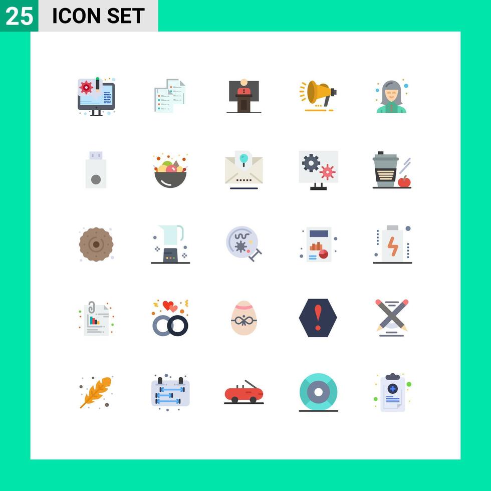 Flaches Farbpaket mit 25 universellen Symbolen für bearbeitbare Vektordesign-Elemente für Konferenzen zur Präsentation von Lautsprechern vektor