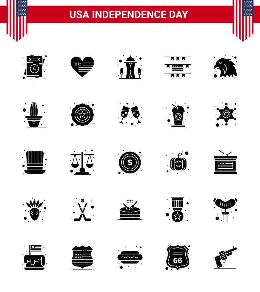 Stock Vektor Icon Pack von American Day 25 solide Glyphen Zeichen und Symbole für Adler Tier Gebäude American Ammern editierbare Usa Day Vektor Design Elemente