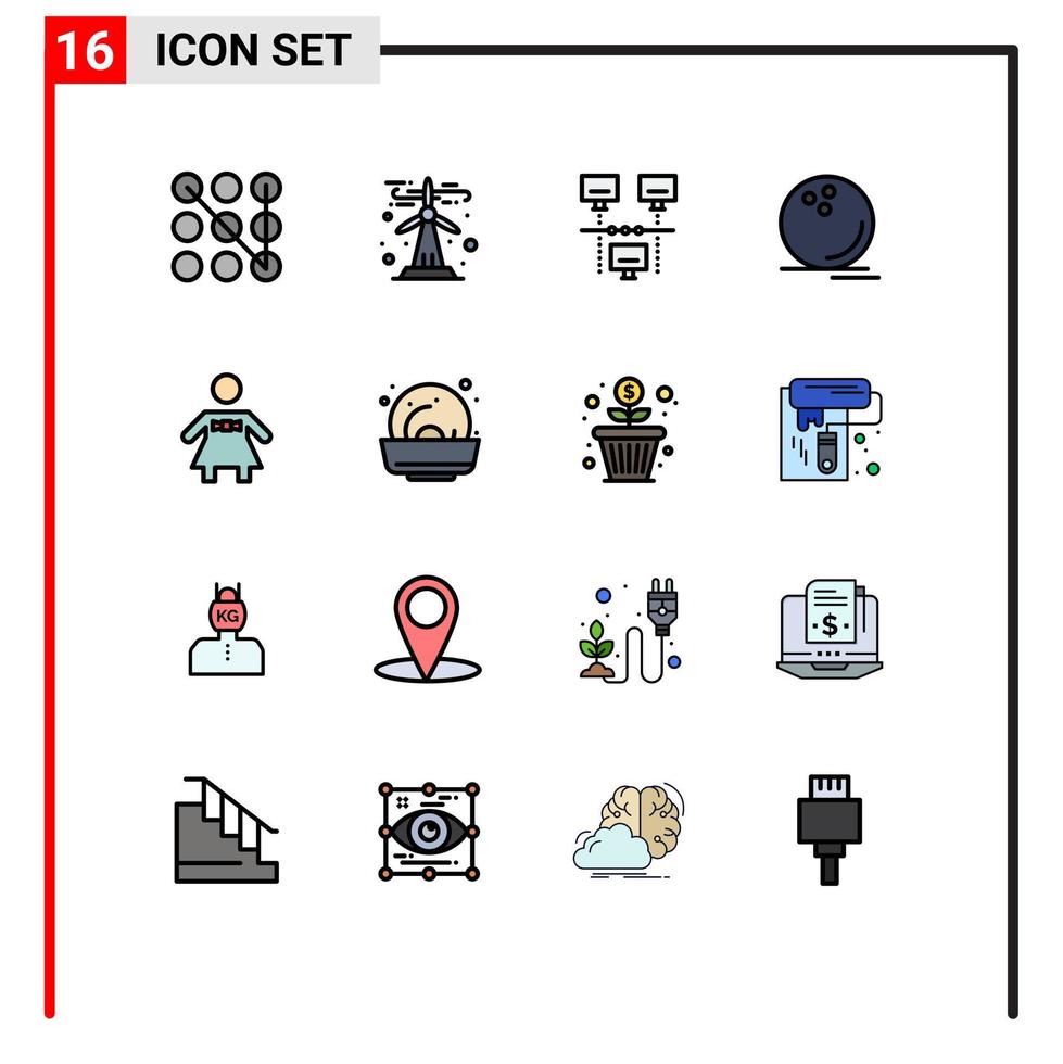 16 universell platt Färg fylld rader uppsättning för webb och mobil tillämpningar människor klocksats internet boll spel redigerbar kreativ vektor design element