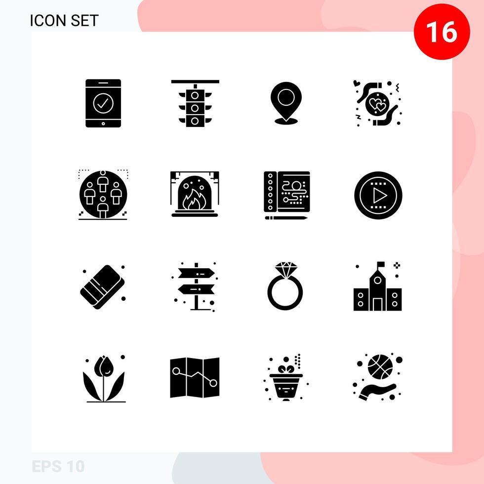 Gruppe von 16 soliden Glyphen Zeichen und Symbolen für Liebespflege Kartenzeiger platzieren editierbare Vektordesign-Elemente vektor