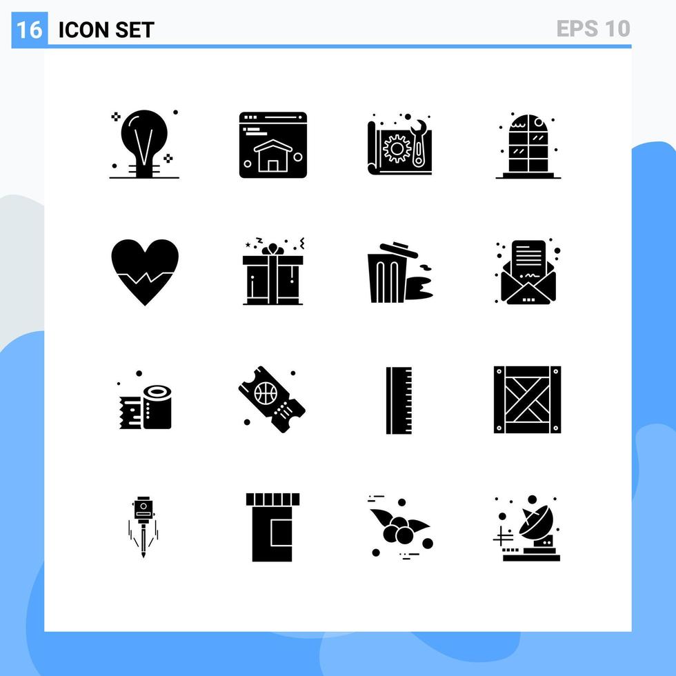 Satz von 16 kommerziellen Solid-Glyphen-Paket für Liebesschrankarchitektur Wohnplan editierbare Vektordesign-Elemente vektor
