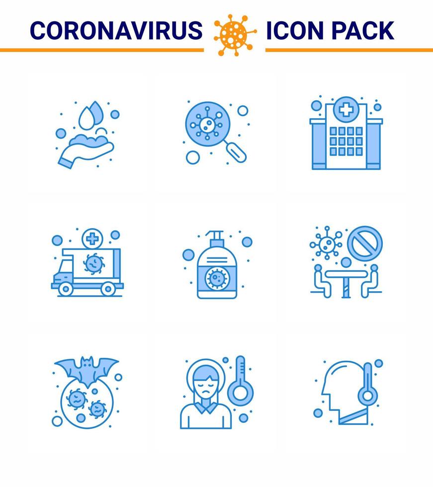 covid19 Corona-Virus-Kontaminationsprävention blaues Symbol 25 Pack wie Transport-Notfall-Suche Krankenwagen medizinische virale Coronavirus 2019nov-Krankheitsvektor-Designelemente vektor