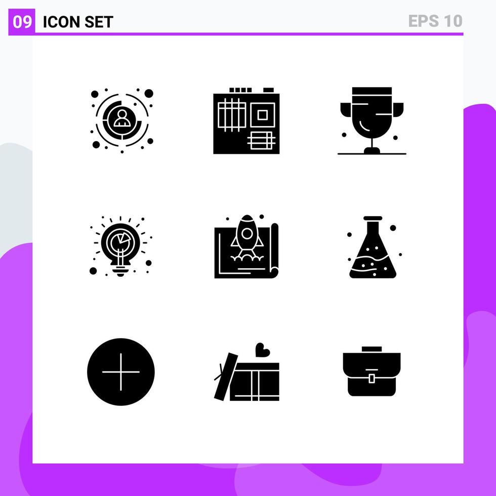 mobile Schnittstelle solider Glyph-Satz von 9 Piktogrammen von Startanalyse-Award-Ideen, die editierbare Vektordesign-Elemente planen vektor