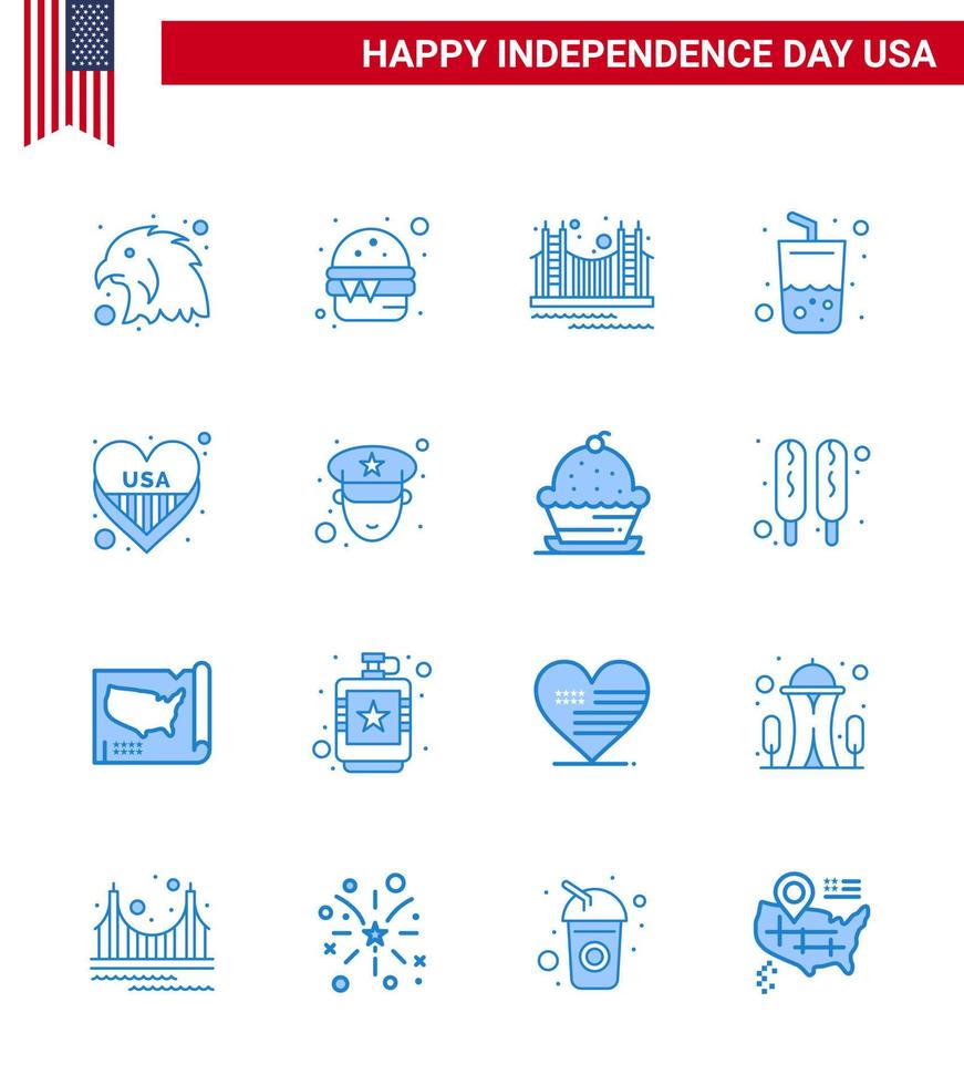 satz von 16 usa-tag-symbolen amerikanische symbole unabhängigkeitstag zeichen für amerikanisches sommertor trinken usa editierbare usa-tag-vektordesignelemente vektor