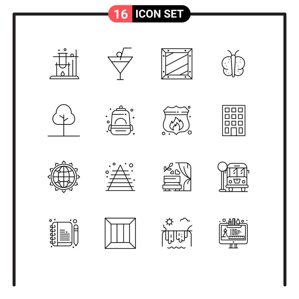 Stock Vector Icon Pack mit 16 Linienzeichen und Symbolen für Naturbaumdesign Naturschmetterling bearbeitbare Vektordesignelemente