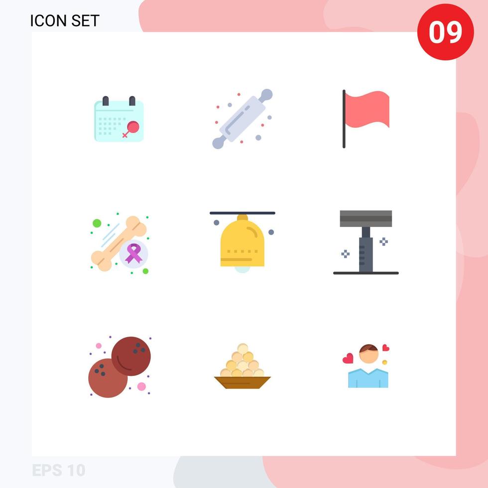 Gruppe von 9 modernen flachen Farben für Handglocke Alarmflagge Gesundheit Krebs editierbare Vektordesign-Elemente vektor