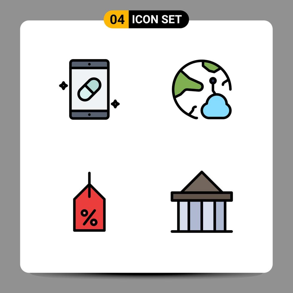 4 thematische Vektor-Fülllinien-Flachfarben und bearbeitbare Symbole der mobilen Online-Medizin verbinden bearbeitbare Vektordesign-Elemente des Etiketts vektor