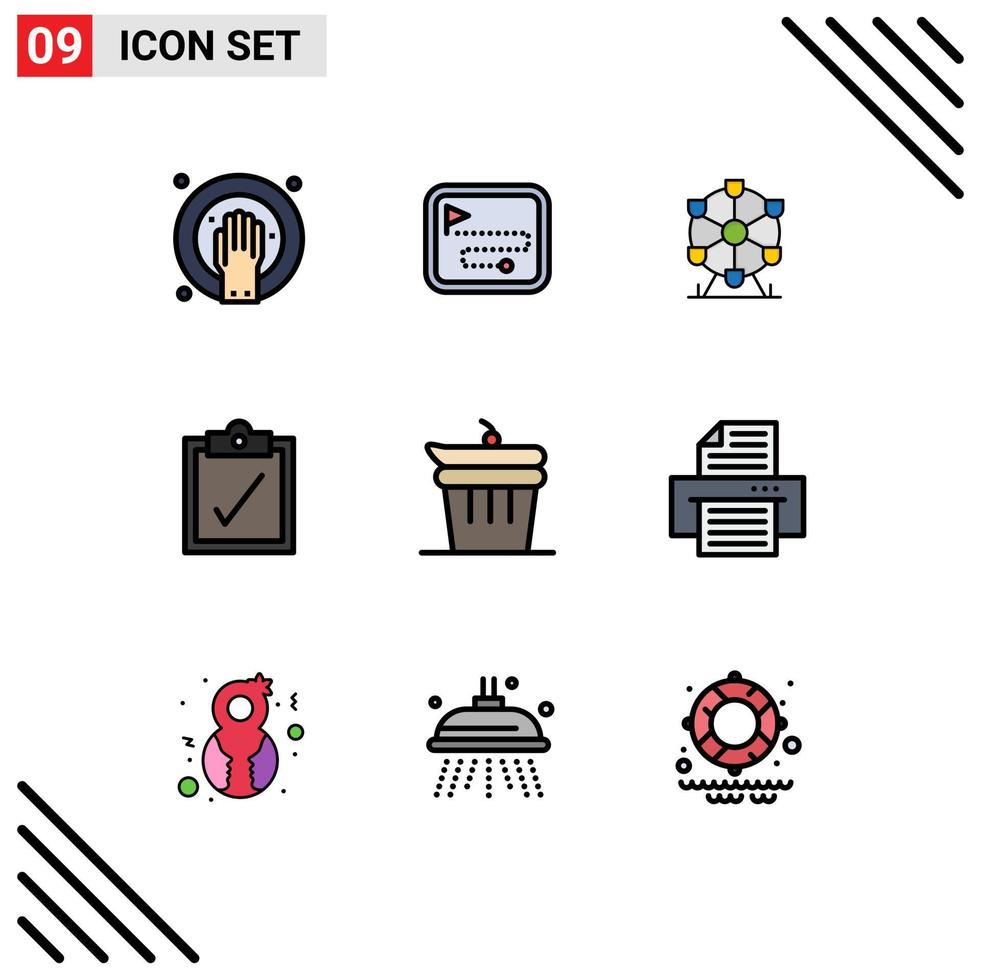 Packung mit 9 modernen Filledline-Flachfarben Zeichen und Symbolen für Web-Printmedien wie Device Food Atomium erledigte Aufgabe editierbare Vektordesign-Elemente vektor