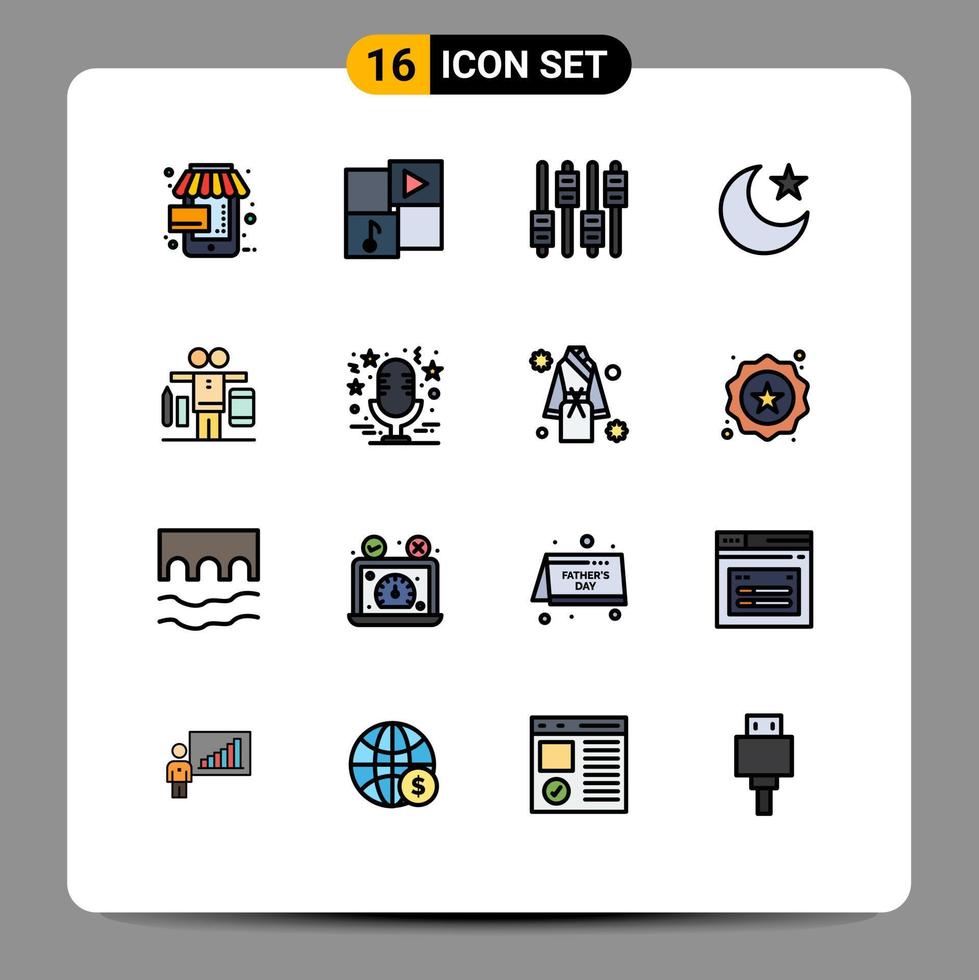 moderner Satz von 16 flachen, farbgefüllten Linien und Symbolen wie Play Balance Equalizer Night Moon editierbare kreative Vektordesign-Elemente vektor