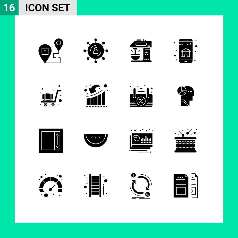Gruppe von 16 modernen soliden Glyphen, die für mobile App-Heimnetzwerk-App-Kaffeemaschinen-editierbare Vektordesign-Elemente festgelegt werden vektor