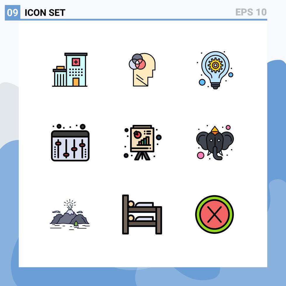 Universelle Symbolsymbole Gruppe von 9 modernen Filledline-Flachfarben von Powerpoint-Analytics-Glühbirnen-Equalizer-Anpassung editierbare Vektordesign-Elemente vektor