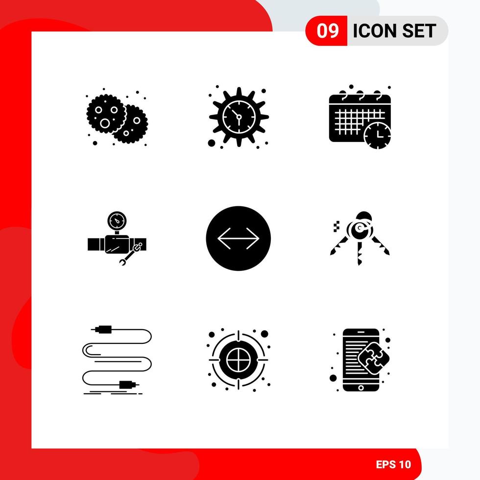 Piktogrammsatz aus 9 einfachen soliden Glyphen horizontaler Swipe-Reparaturkalenderkonstruktionsrohre editierbare Vektordesign-Elemente vektor