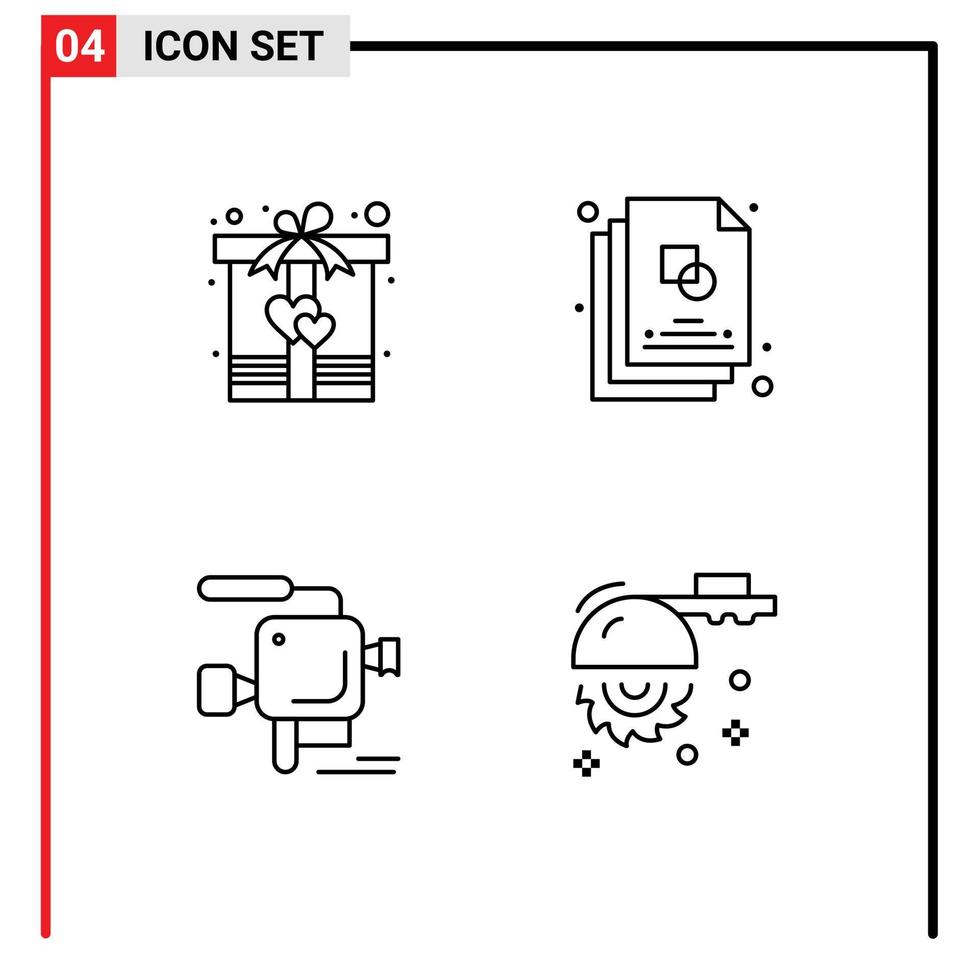 uppsättning av 4 kommersiell fylld linje platt färger packa för låda bio hjärta fil filma kamera redigerbar vektor design element