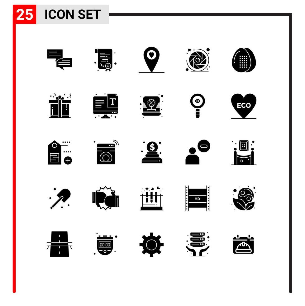Gruppe von 25 soliden Glyphenzeichen und Symbolen für die gegenwärtige Lebensmittelkamera, die editierbare Vektordesign-Elemente kocht vektor
