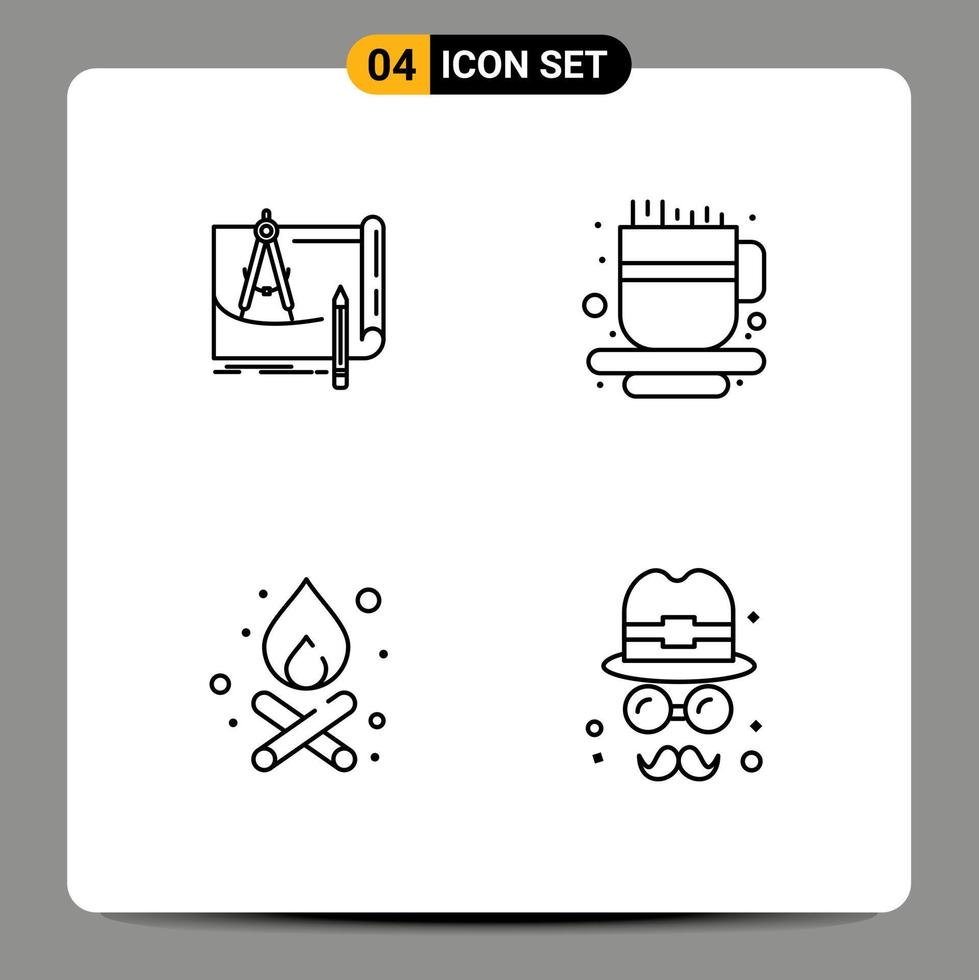 Stock Vector Icon Pack mit 4 Zeilenzeichen und Symbolen für Blaupause Lagerfeuer Konstruktion Kaffeetasse Feuer editierbare Vektordesign-Elemente