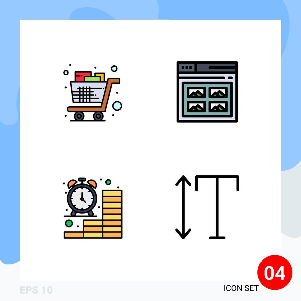 4 universelle gefüllte flache Farbzeichen Symbole der Einkaufswagenbild-Einkaufsseitenuhr editierbare Vektordesign-Elemente vektor
