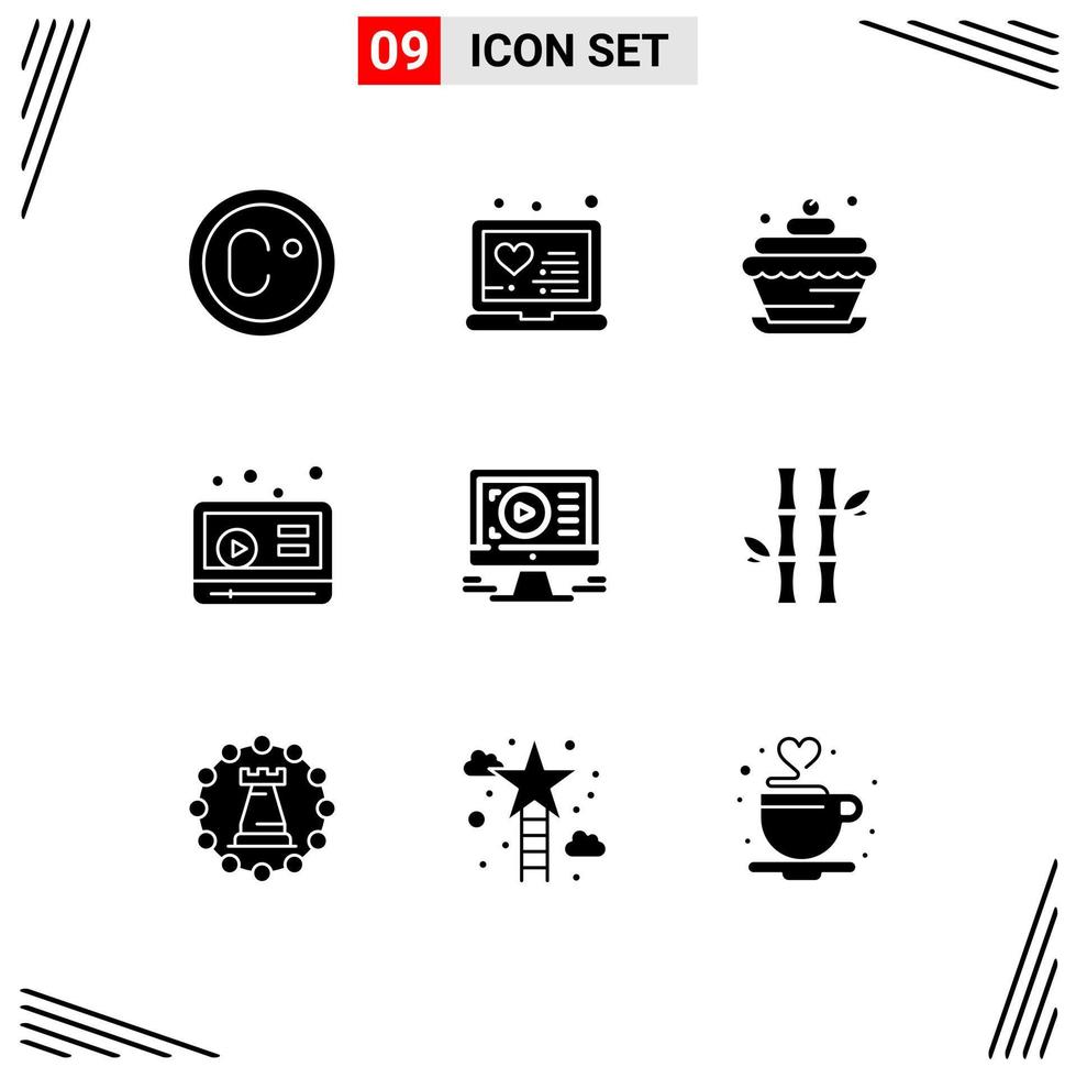 9 universelle solide Glyphenzeichen Symbole des Designs Play Birthday Monitor Video editierbare Vektordesign-Elemente vektor