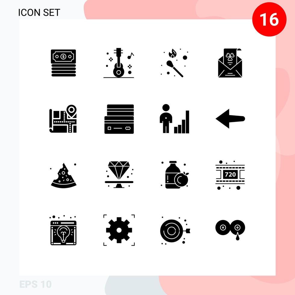 solides Glyphenpaket mit 16 universellen Symbolen für Standorteinladung Flamme Grußpost editierbare Vektordesign-Elemente vektor