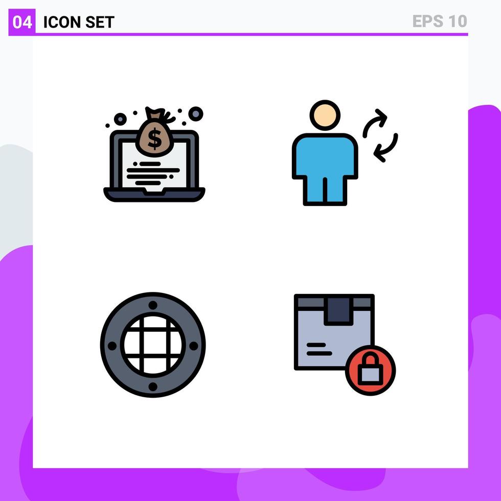 fylld linje platt Färg packa av 4 universell symboler av bärbar dator interiör pengar mänsklig ljus redigerbar vektor design element