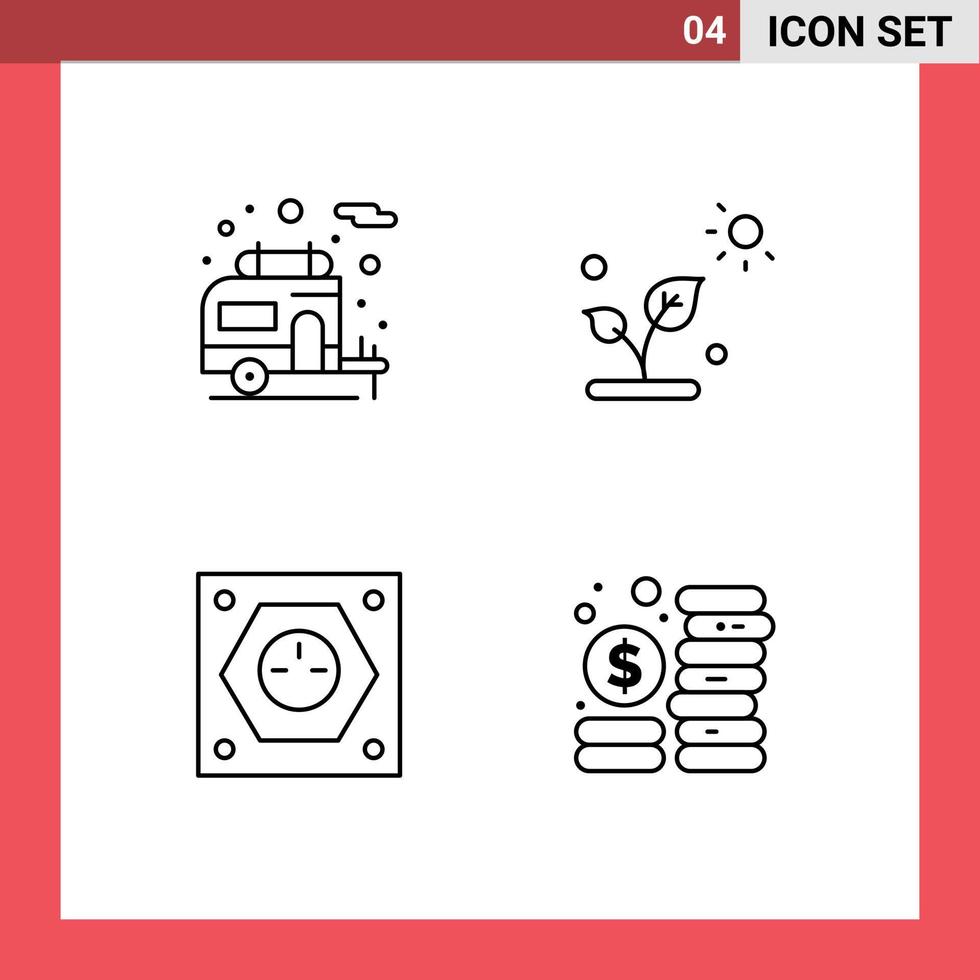 modern uppsättning av 4 fylld linje platt färger pictograph av husbil plugg biologi Sol uttag redigerbar vektor design element