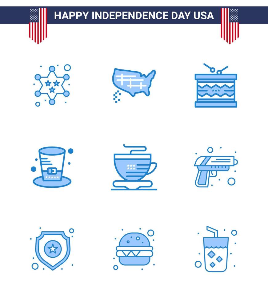 Usa Happy Independence Day Piktogramm Set aus 9 einfachen Blues of Tea Presidents Drum Hat St editierbare Usa Day Vektor Design Elemente