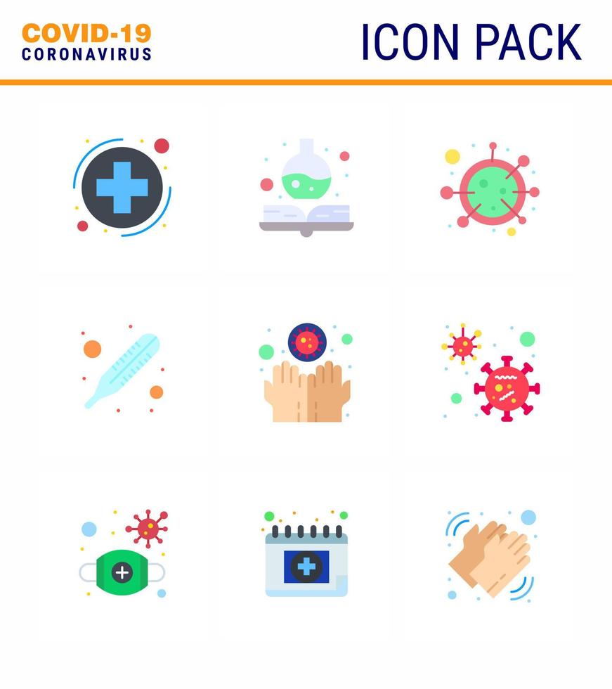 Corona-Virus-Krankheit 9 flaches Farb-Icon-Pack saugt als Hände schmutziges Coronavirus-Thermometer-Fieber Virus-Coronavirus 2019nov-Krankheitsvektor-Designelemente vektor