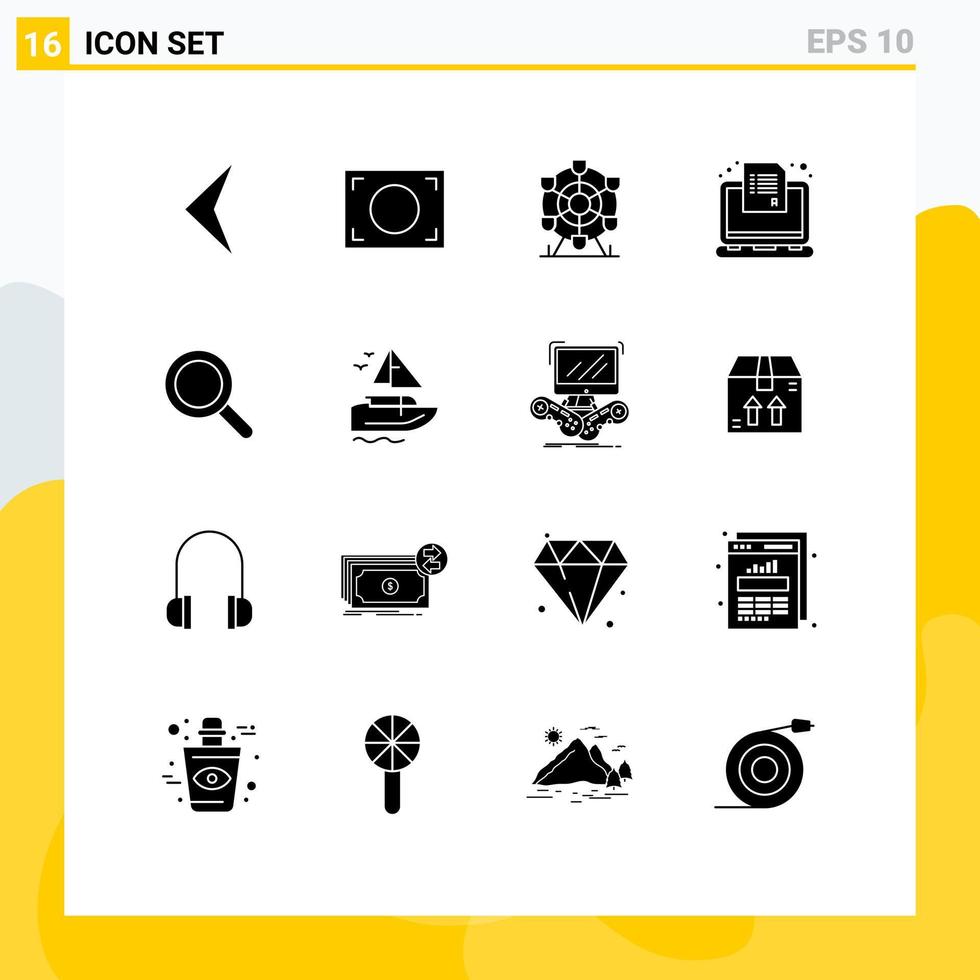 grupp av 16 fast glyfer tecken och symboler för förstorande glas hjul undersökning uppkopplad redigerbar vektor design element