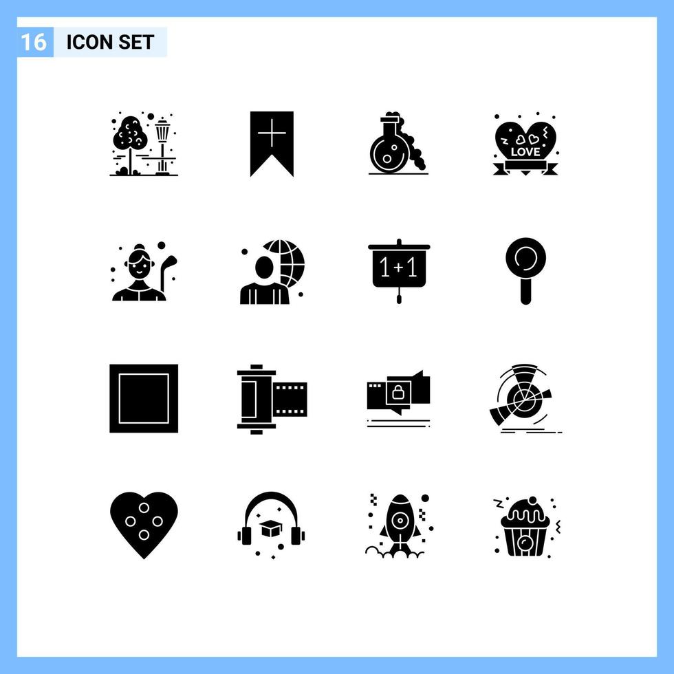 16 solides Glyphenkonzept für mobile Websites und Apps Golfbandabzeichen Kolben Liebesabzeichen Herzabzeichen editierbare Vektordesignelemente vektor